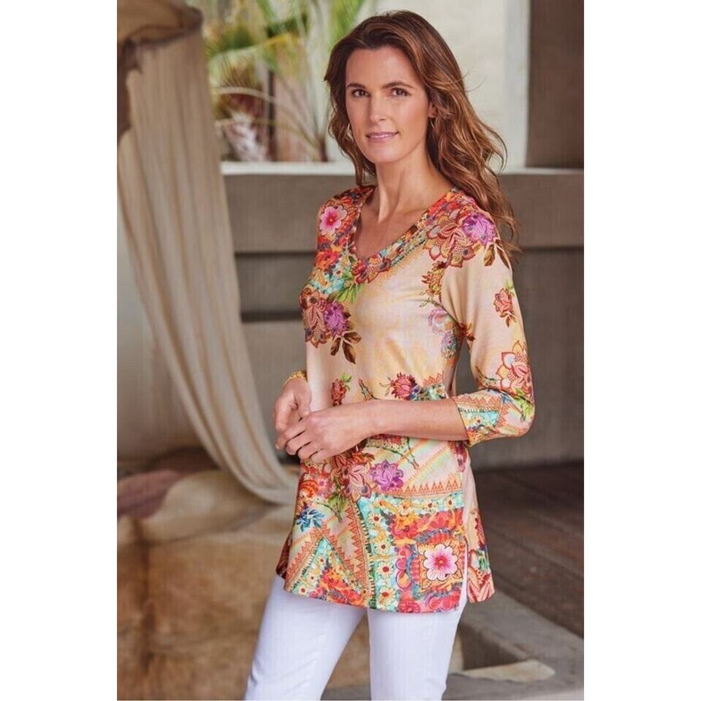 Soft Surroundings Beige Floral Patchwork Tunic Top